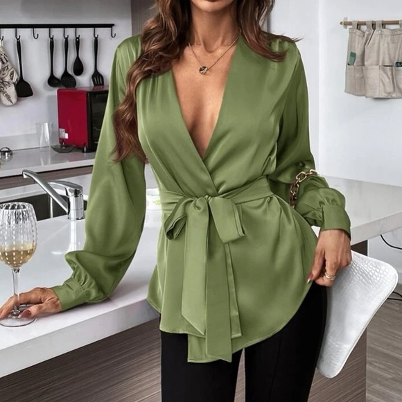 Luxe olive green sexy plunging V neckline belted blouse - Picture 1 of 16